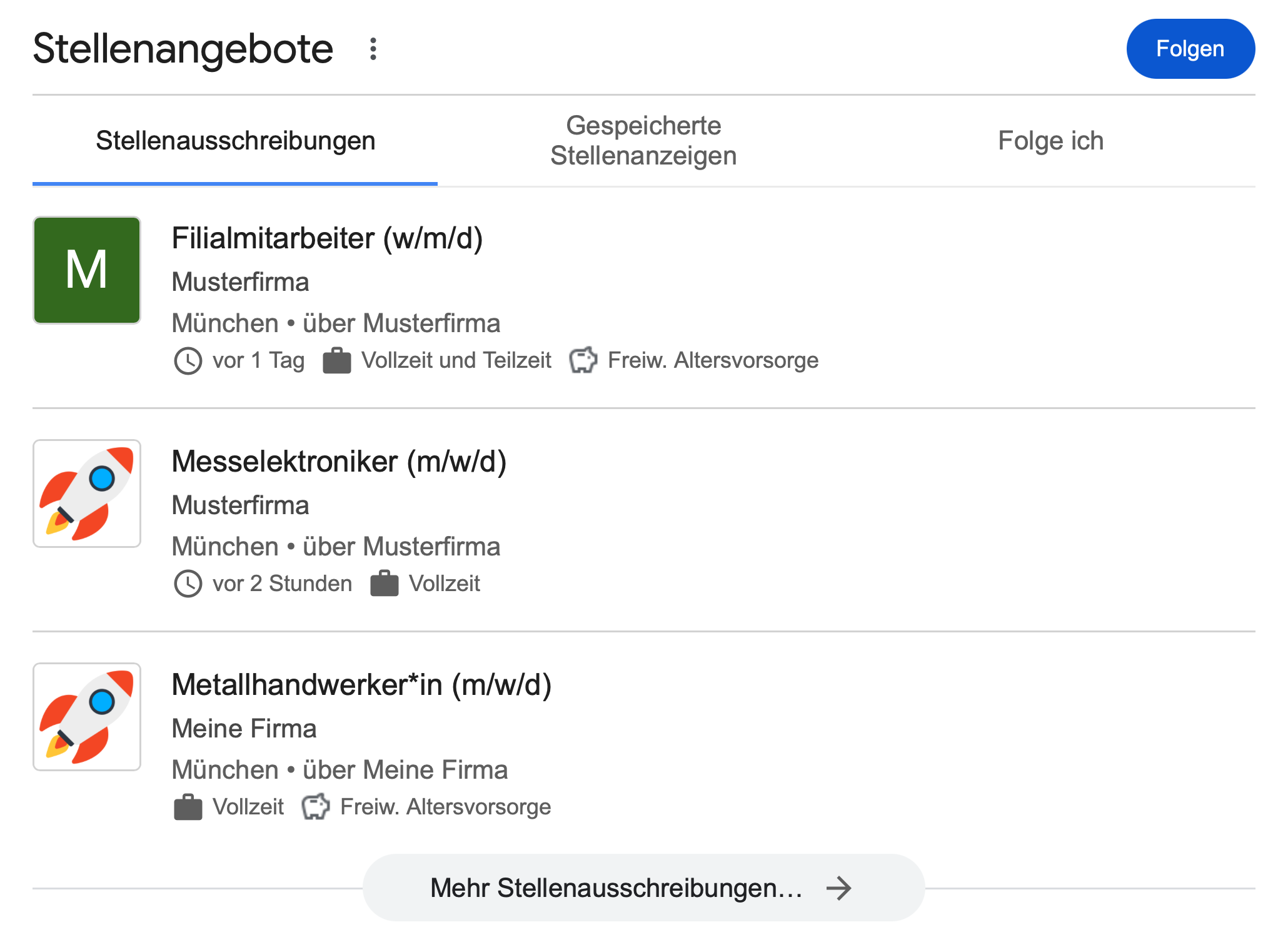 Screenshot Beispiel Google for Jobs Suchergebnisse mit Demo Daten